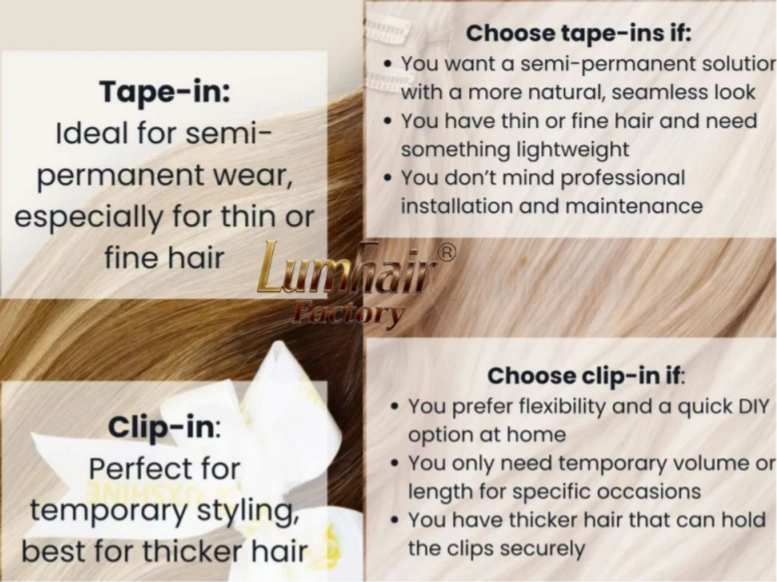 Tape in vs Clip in Hair Extensions vs Hand Tied Weft Tape in vs Clip in Hair Extensions vs Hand Tied Weft